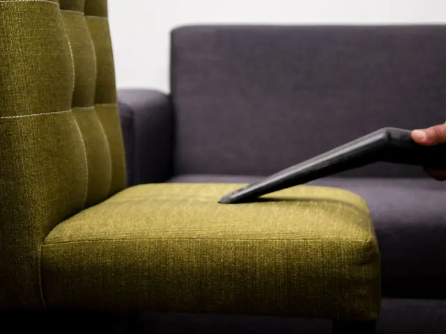 A person vacuuming an upholstered chair